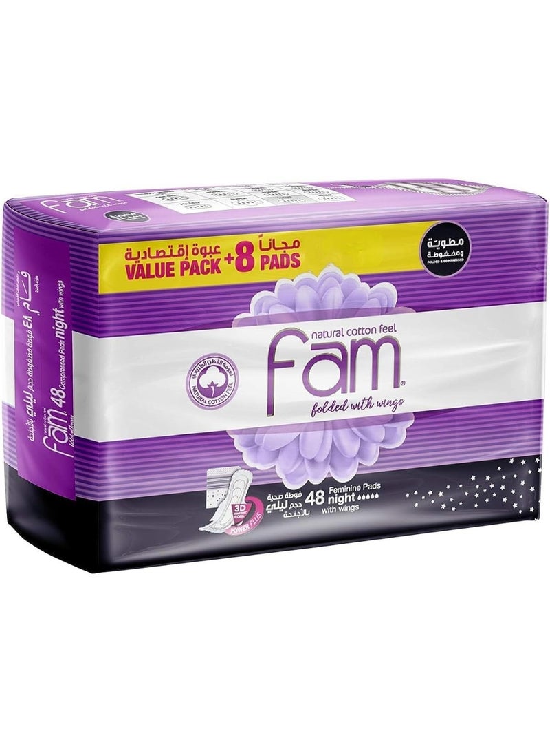 Fam Natural Cotton Feel, Maxi Thick, Folded With Wings, Night Sanitary Pads, 48 Pads - Image 1